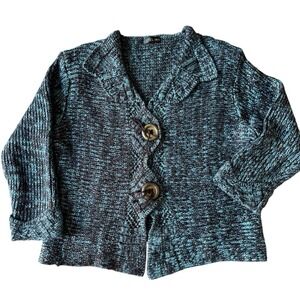 VTG Gizel Women L/XL Angora Cardigan Teal Black Sparkle Lux Brass Frayed Buttons